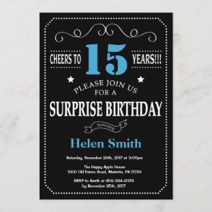 Invitation surprise 15e anniversaire Bleu et noir