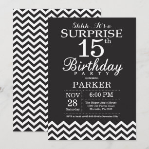 Invitation Surprise 15e anniversaire Chevron noir et blanc