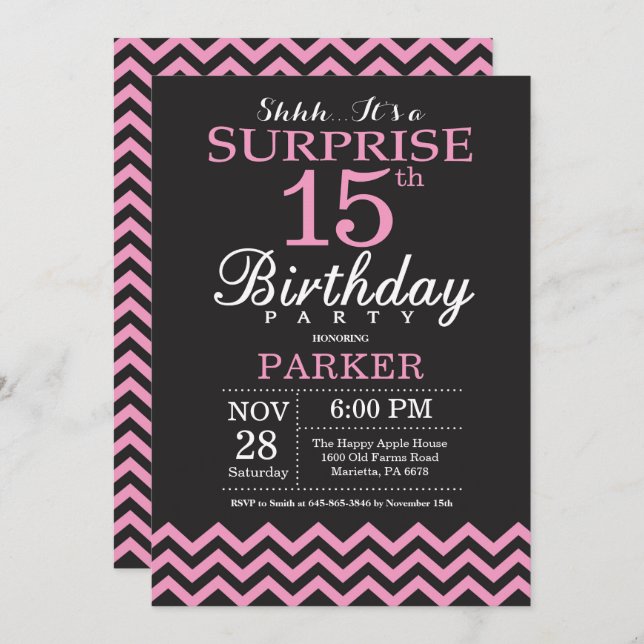 Invitation Surprise 15e anniversaire Chevron noir et rose (Devant / Derrière)