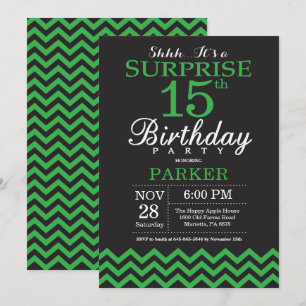 Invitation Surprise 15e anniversaire Chevron noir et vert