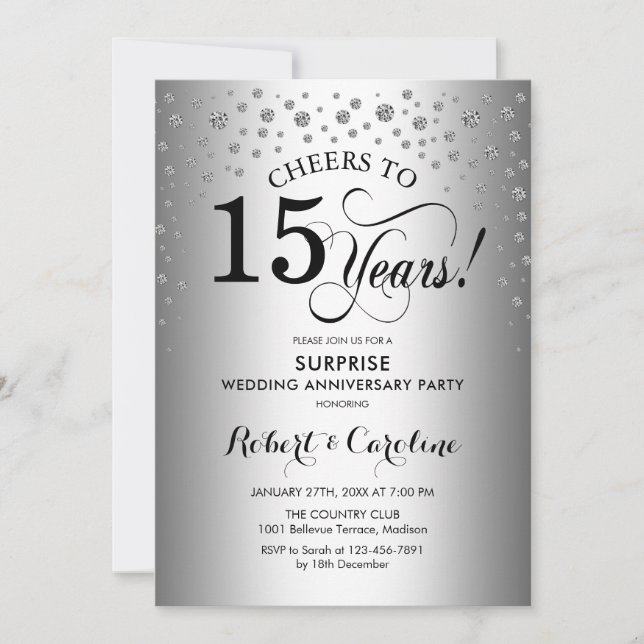 Invitation Surprise 15e anniversaire de la fête - Noir d'arge (Devant)