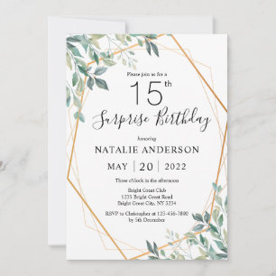Invitation Surprise 15e anniversaire Eucalyptus Vert & Or