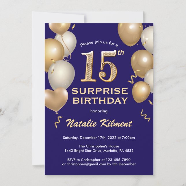Invitation Surprise 15e anniversaire Marine Bleu et Ballons d (Devant)