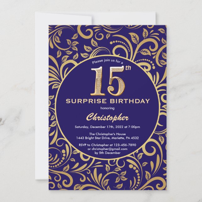 Invitation Surprise 15e anniversaire Marine bleu et or floral (Devant)