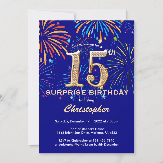 Invitation Surprise 15e anniversaire Marine Blue & Gold Firew (Devant)