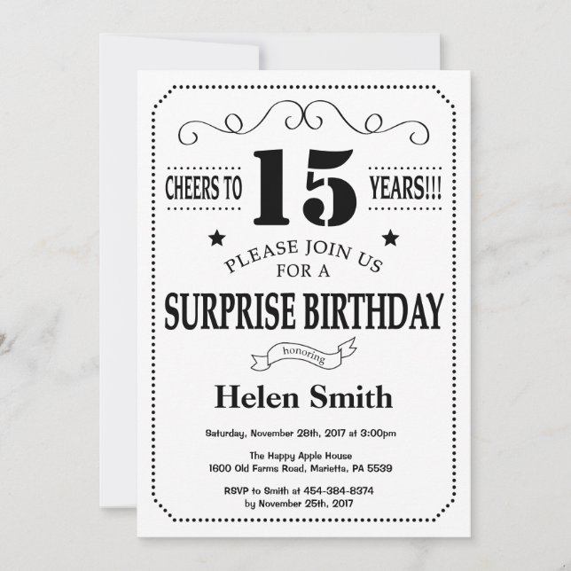 Invitation surprise 15e anniversaire Noir et blanc (Devant)