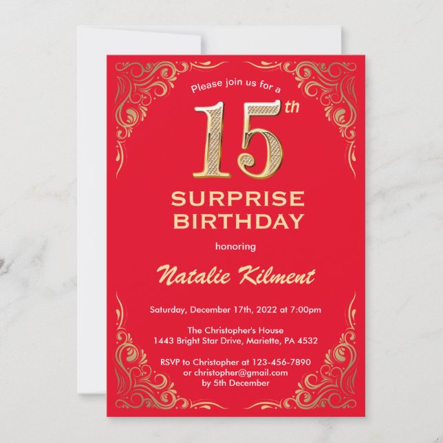 Invitation Surprise 15e anniversaire Parties scintillant roug (Devant)