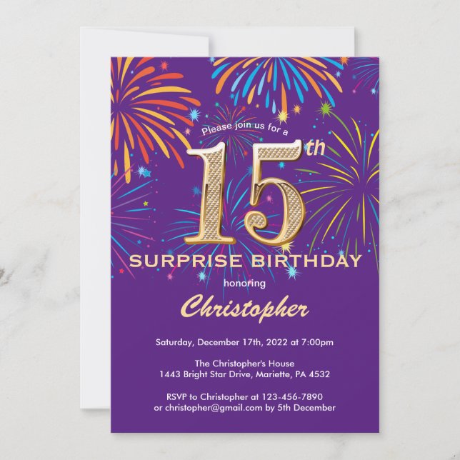 Invitation Surprise 15e anniversaire Purple and Gold Firework (Devant)