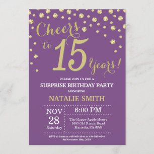 Invitation Surprise 15e anniversaire violet et diamant d'or