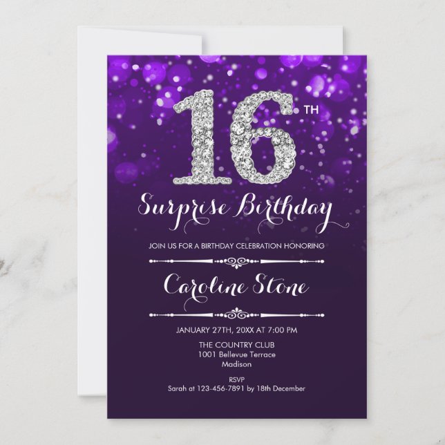 Invitation Surprise 16e anniversaire - Argent violet (Devant)