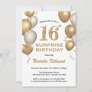 Invitation Surprise 16e anniversaire Ballons blanc et or