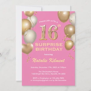 Invitation Surprise 16e anniversaire Ballons rose et or