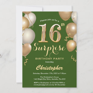 Invitation Surprise 16e anniversaire Ballons vert et or