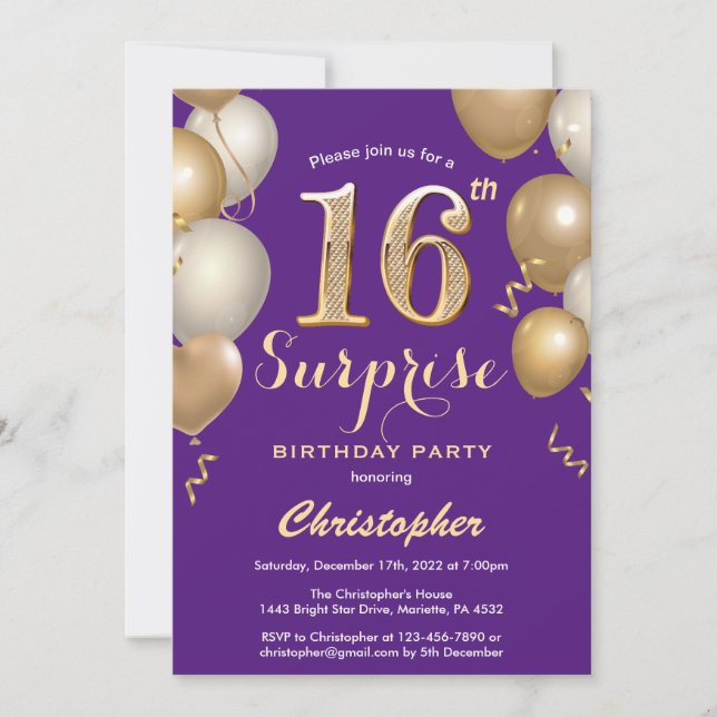 Invitation Surprise 16e anniversaire Ballons violet et or (Devant)