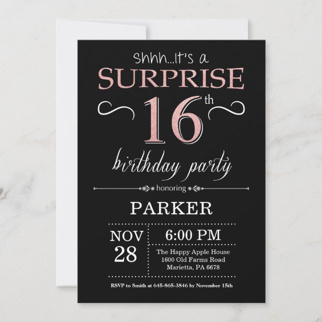 Invitation Surprise 16e anniversaire Black and Rose Pink Gold (Devant)