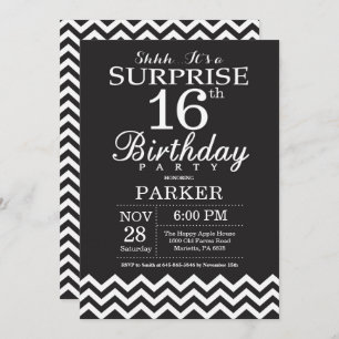 Invitation Surprise 16e anniversaire Chevron noir et blanc