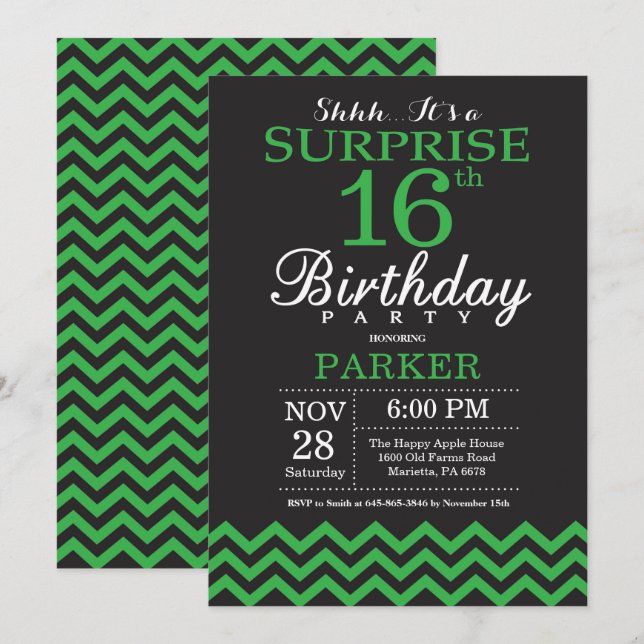 Invitation Surprise 16e anniversaire Chevron noir et vert (Devant / Derrière)