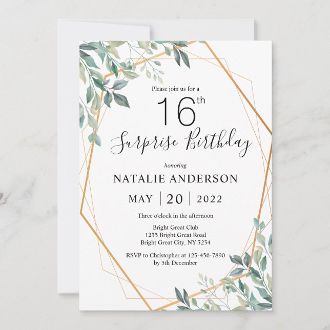 Invitation Surprise 16e anniversaire Eucalyptus Vert & Or (Devant)
