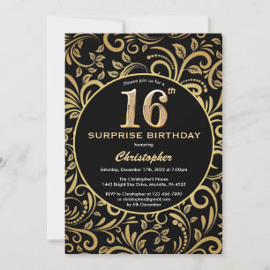 Invitation Surprise 16e anniversaire Floral noir et or