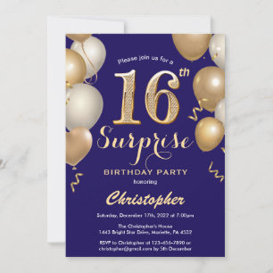 Invitation Surprise 16e anniversaire Marine Bleu et Ballons d