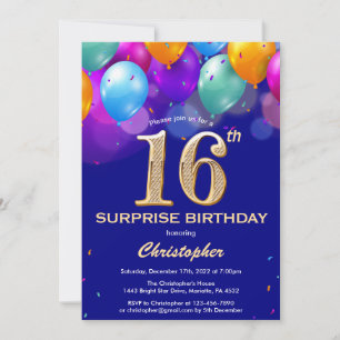 Invitation Surprise 16e anniversaire Marine Bleu et Ballons d