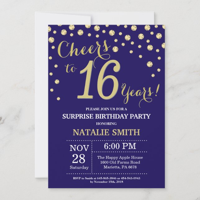 Invitation Surprise 16e anniversaire Marine Bleu et Diamant O (Devant)