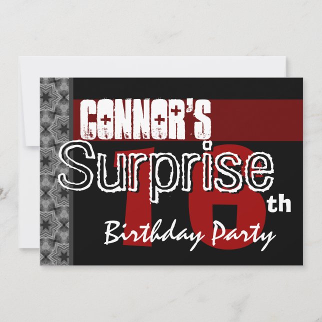 Invitation Surprise 16e anniversaire Modern Red Black Stars v (Devant)