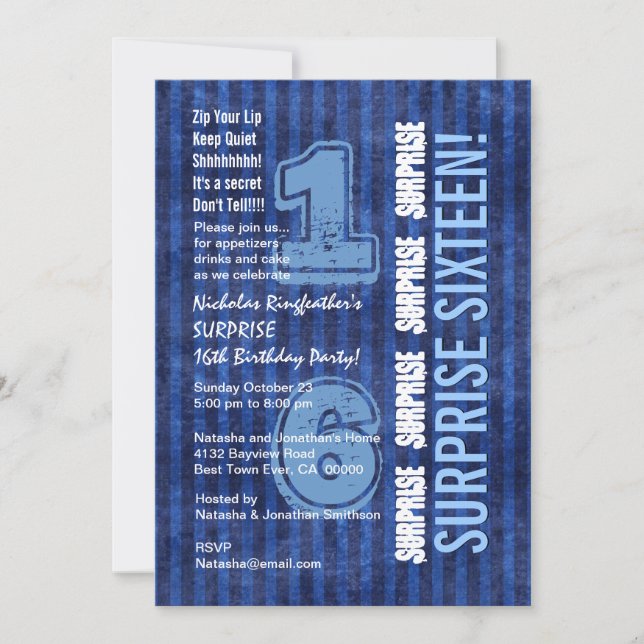 Invitation SURPRISE 16e Anniversaire moderne Bleu Stripes W55 (Devant)