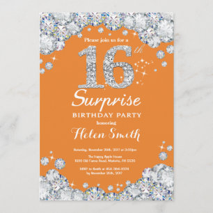 Invitation Surprise 16e anniversaire Orange et Silver Diamond