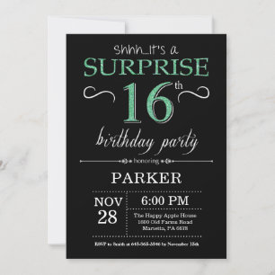 Invitation Surprise 16e Anniversaire Paillettes Noires et Ver