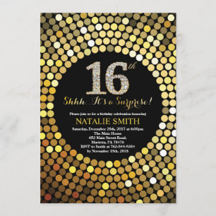 Invitation Surprise 16e anniversaire Parties scintillant noir