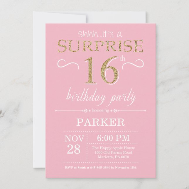 Invitation Surprise 16e anniversaire Parties scintillant rose (Devant)