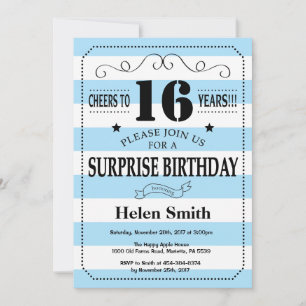 Invitation Surprise 16e Anniversaire Rayures Bleues et Blanch