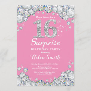 Invitation Surprise 16e anniversaire rose et diamant d'argent