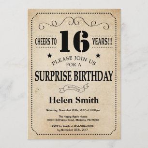 Invitation Surprise 16e anniversaire Rustic Vintage Retro