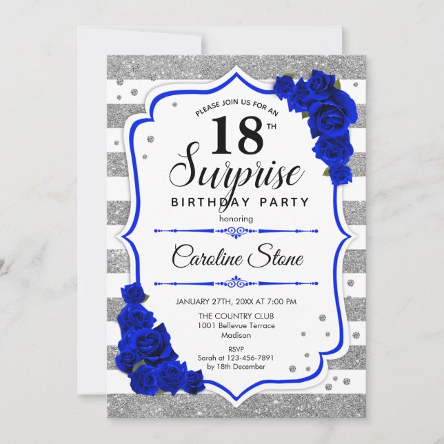 Invitation Surprise 18e anniversaire - Argent Blanc Royal Blu (Devant)