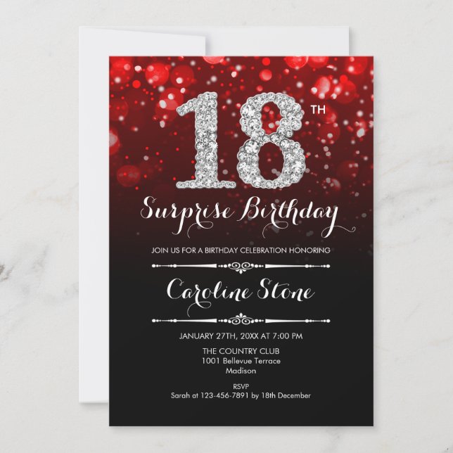 Invitation Surprise 18e anniversaire - Argent rouge noir (Devant)