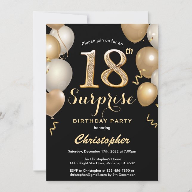 Invitation Surprise 18e anniversaire Ballons noir et or (Devant)