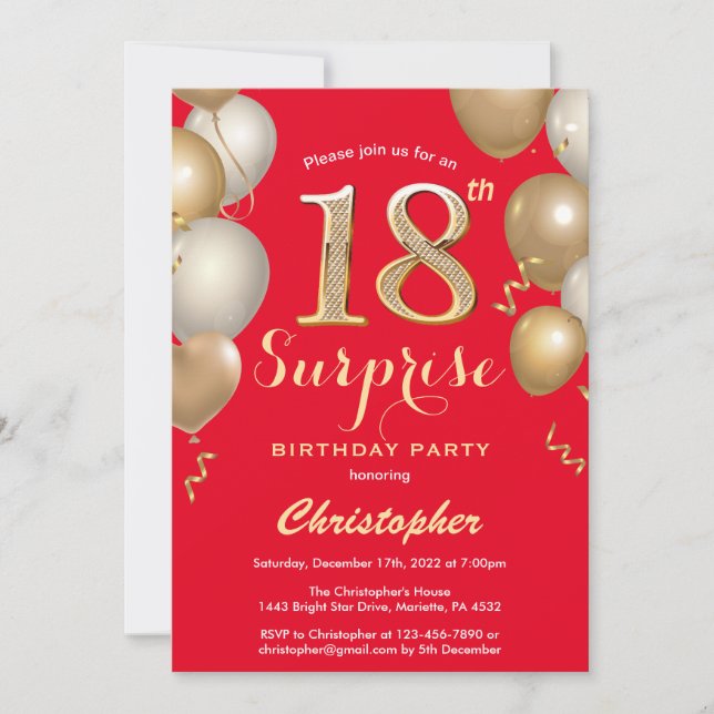 Invitation Surprise 18e anniversaire Ballons rouge et or (Devant)