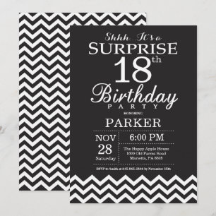 Invitation Surprise 18e Anniversaire Chevron Noir et Blanc