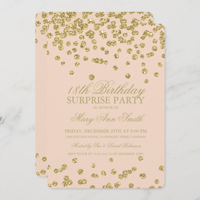Invitation Surprise 18e anniversaire Gold Parties scintillant (Devant / Derrière)
