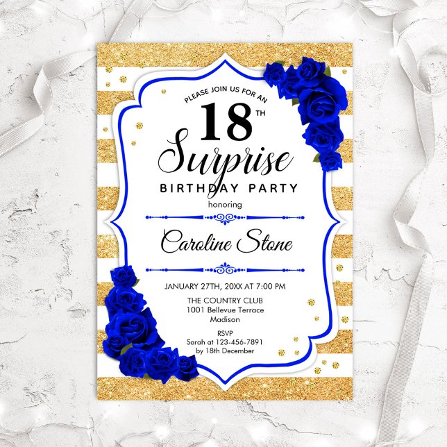 Invitation Surprise 18e anniversaire - Gold White Royal Blue (Créateur téléchargé)