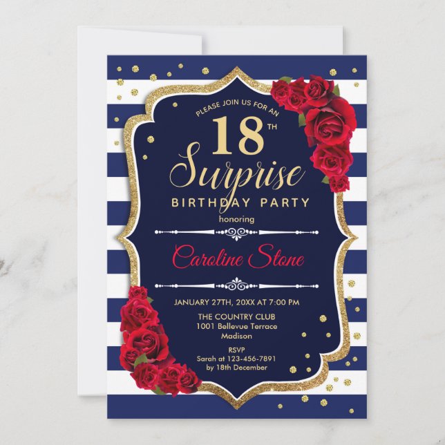 Invitation Surprise 18e anniversaire - Marine Blanc Rouge (Devant)