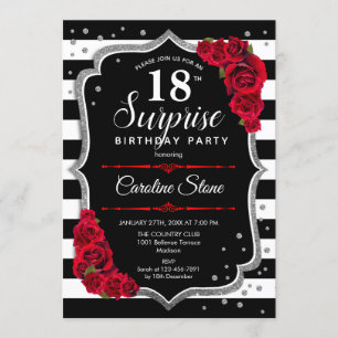 Invitation Surprise 18e anniversaire - Noir Blanc Rouge