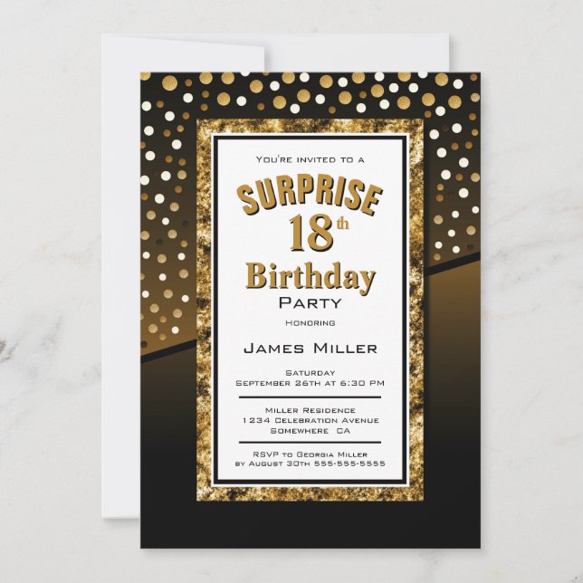 Invitation Surprise 18e anniversaire Noir et or (Devant)