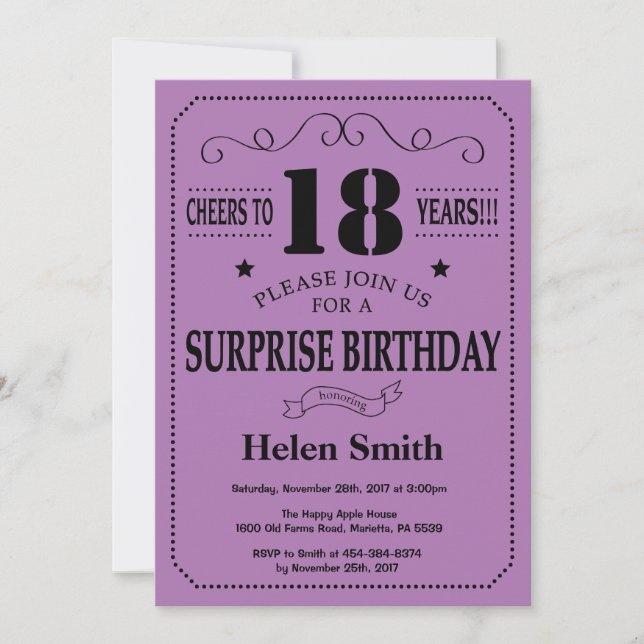 Invitation Surprise 18e anniversaire Noir et violet (Devant)