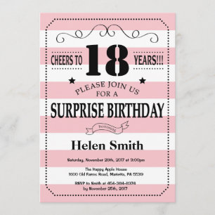 Invitation Surprise 18e anniversaire Pink and White Stripes