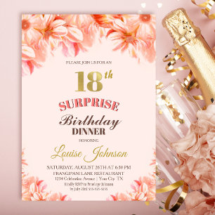 Invitation Surprise 18e anniversaire Pink Gold Floral Dîner