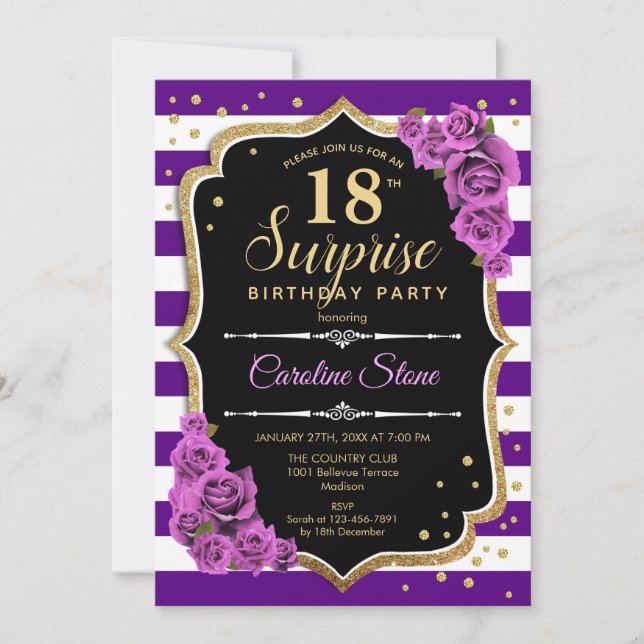 Invitation Surprise 18e anniversaire - Purple Gold (Devant)