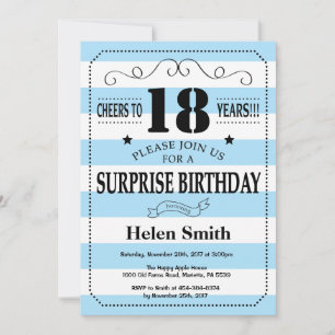 Invitation Surprise 18e Anniversaire Rayures Bleues et Blanch
